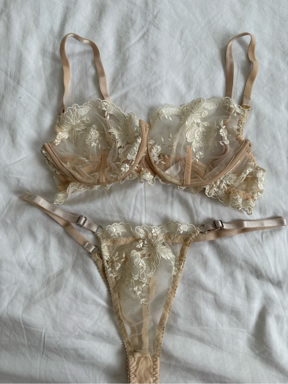 Sheer Floral Lace Underwire Bra & Thong Set in Cream